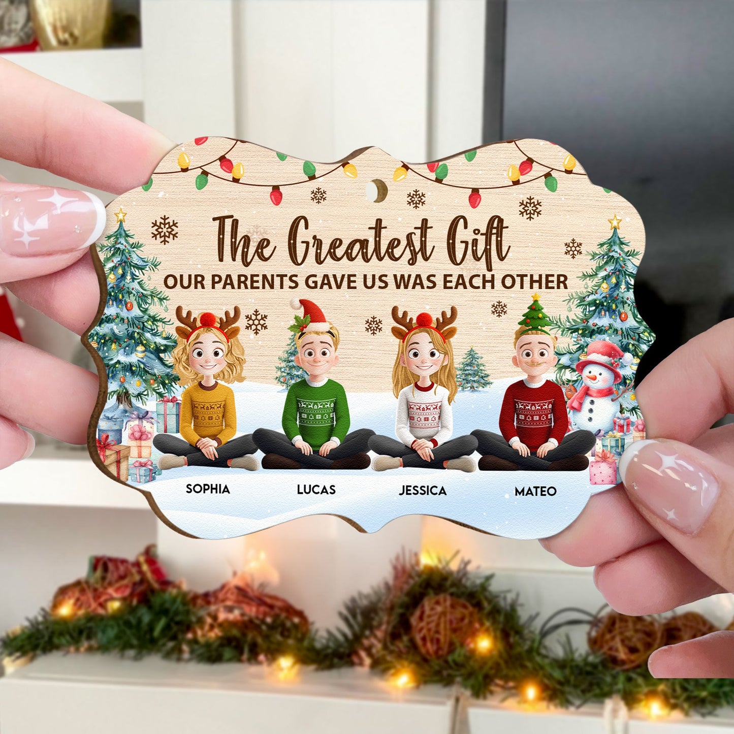 Family Friends Siblings Coworker Sitting Festive Plant - Personalized Wooden Ornament