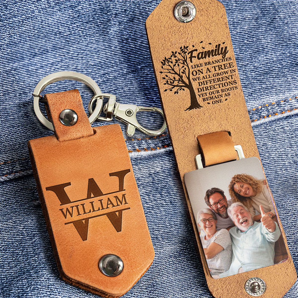 Family Keychain Monogram Keychain - Personalized Leather Photo Keychain