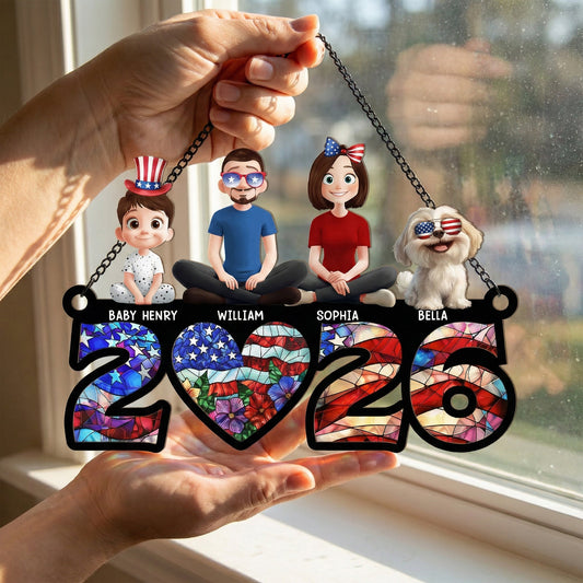 Family Sitting Happy Birthday USA - Personalized Window Hanging Suncatcher Ornament
