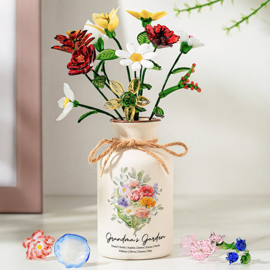 Family Birth Flower Bouquet Flowers Gift For Mom, Grandma, Family - Personalized Vase