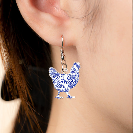 Farm Animals Toile De Jouy Chicken Cow Donkey Pig - Personalized Acrylic Earrings
