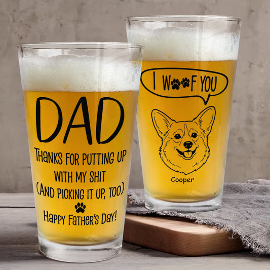 Father's Day Gifts, Father's Day Gifts, Thanks Dad We Woof You Pet Photo Line Art - Personalized Beer Glass