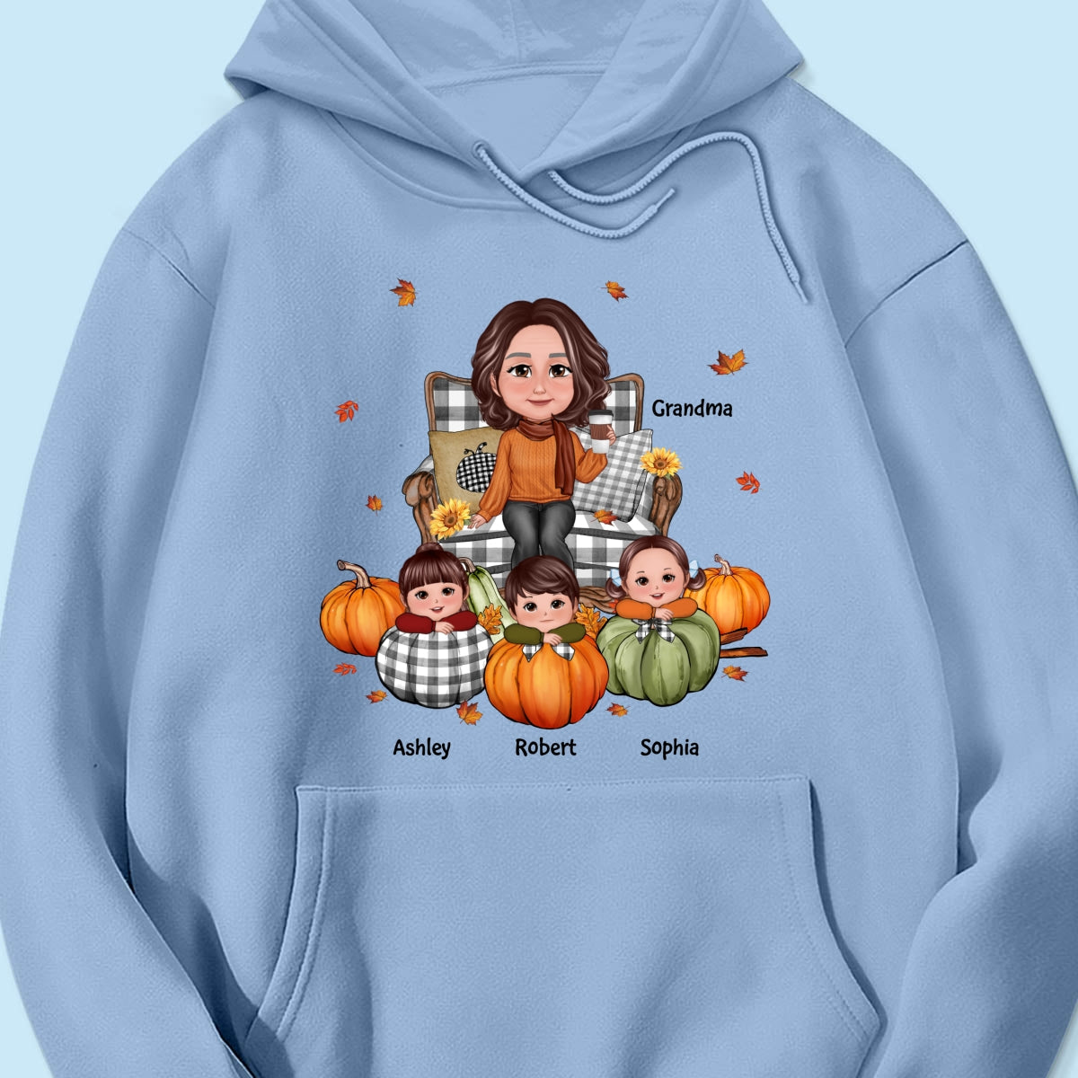 Grandma Sitting On Chair & Kids Pumpkin - Personalized Shirt