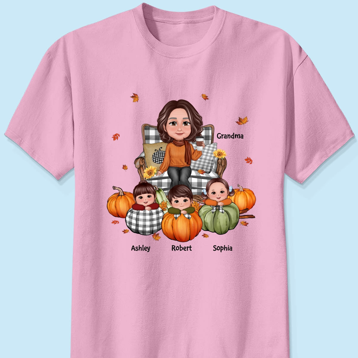Grandma Sitting On Chair & Kids Pumpkin - Personalized Shirt