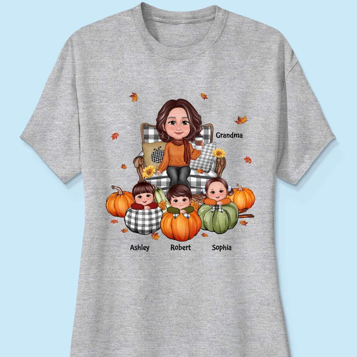 Grandma Sitting On Chair & Kids Pumpkin - Personalized Shirt