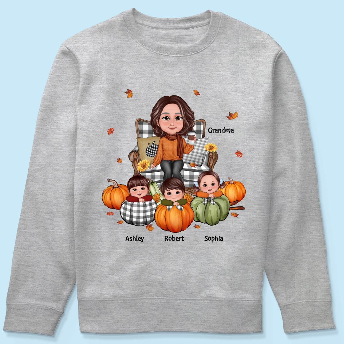 Grandma Sitting On Chair & Kids Pumpkin - Personalized Shirt