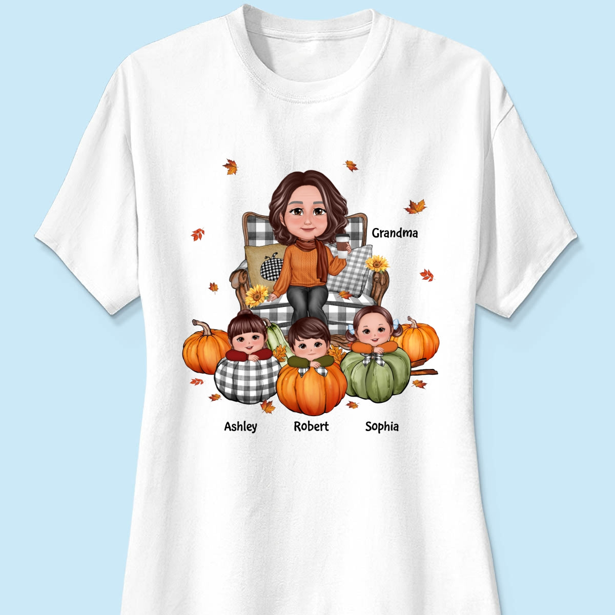 Grandma Sitting On Chair & Kids Pumpkin - Personalized Shirt