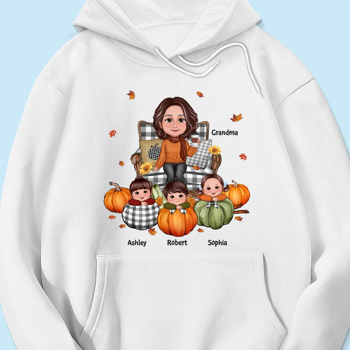 Grandma Sitting On Chair & Kids Pumpkin - Personalized Shirt