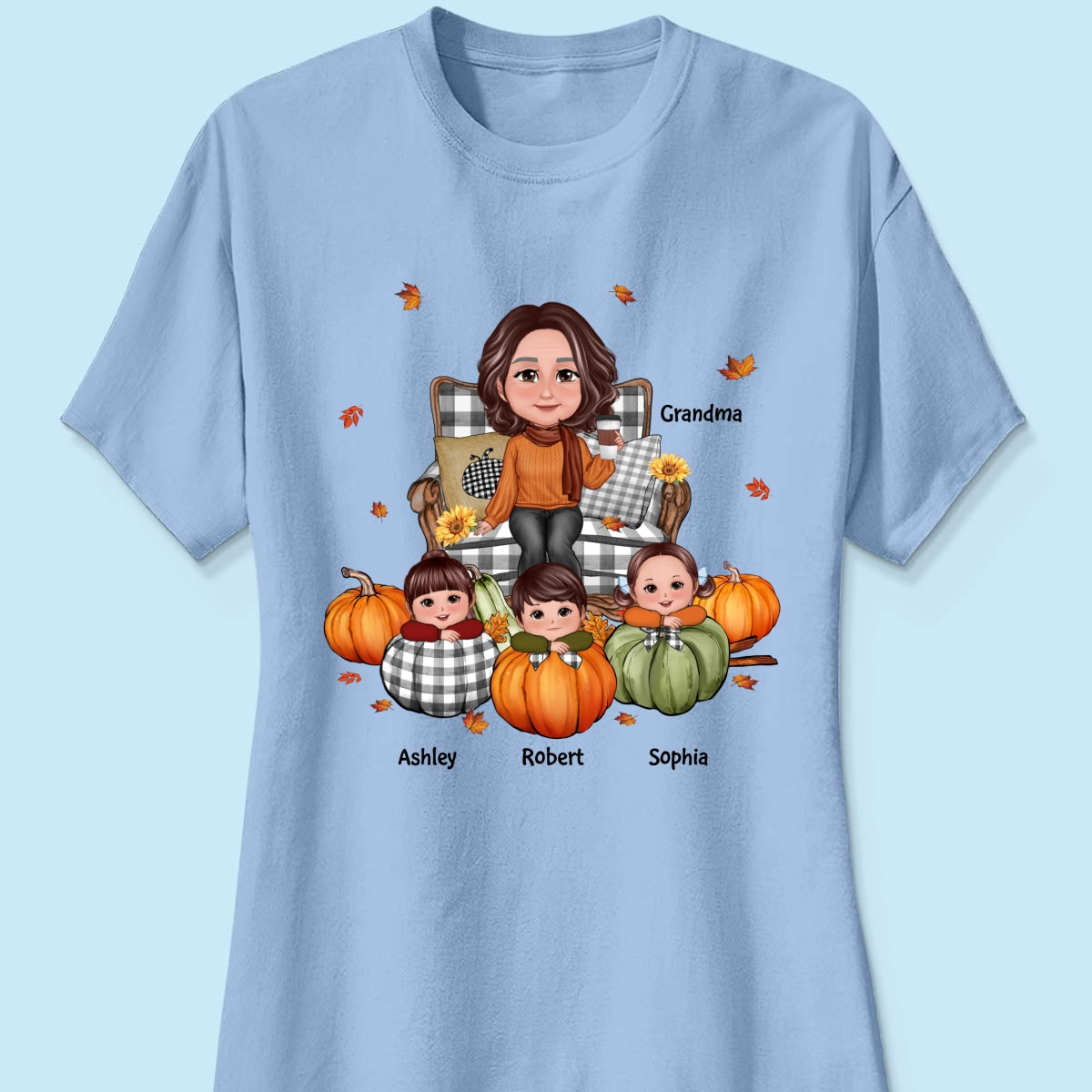 Grandma Sitting On Chair & Kids Pumpkin - Personalized Shirt