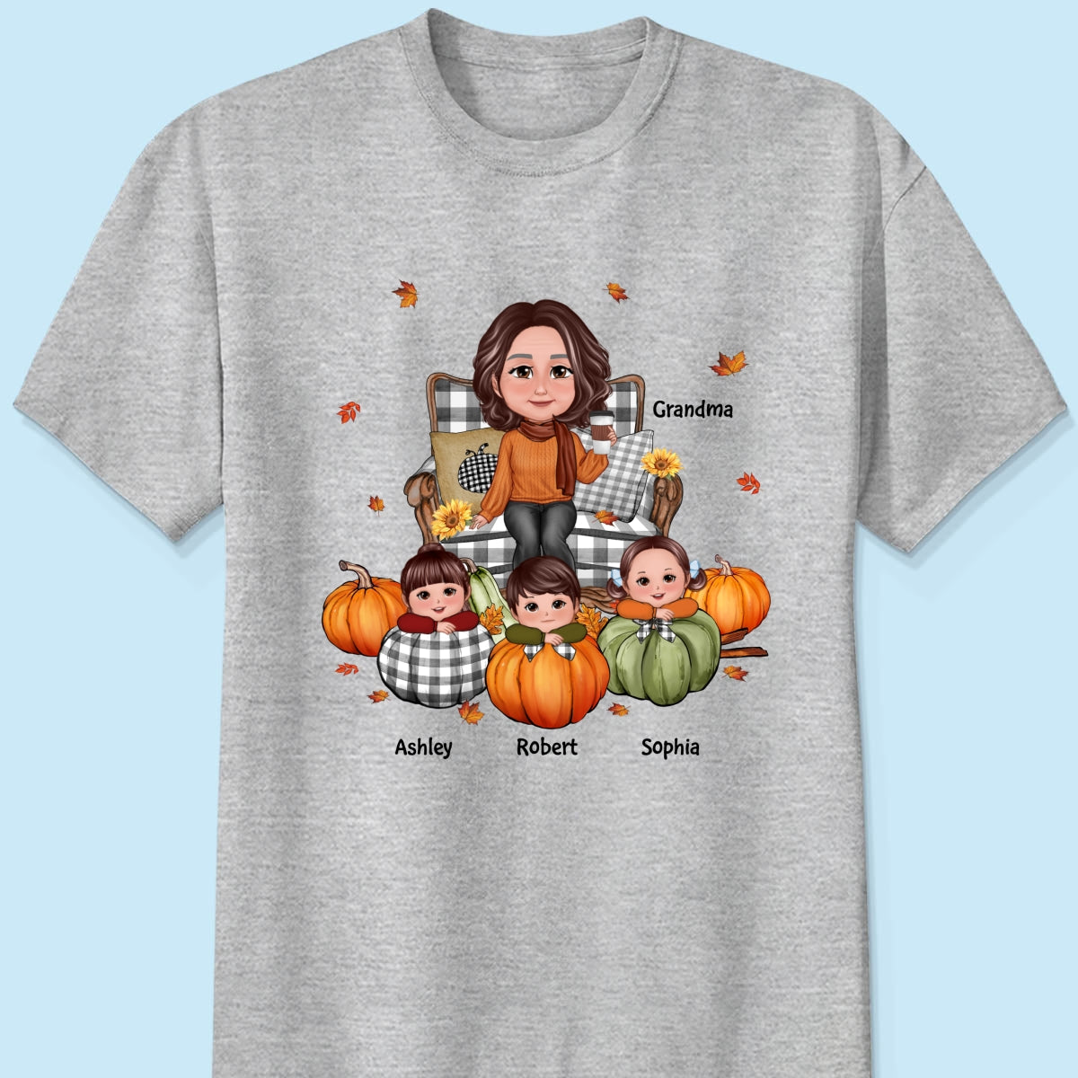 Grandma Sitting On Chair & Kids Pumpkin - Personalized Shirt