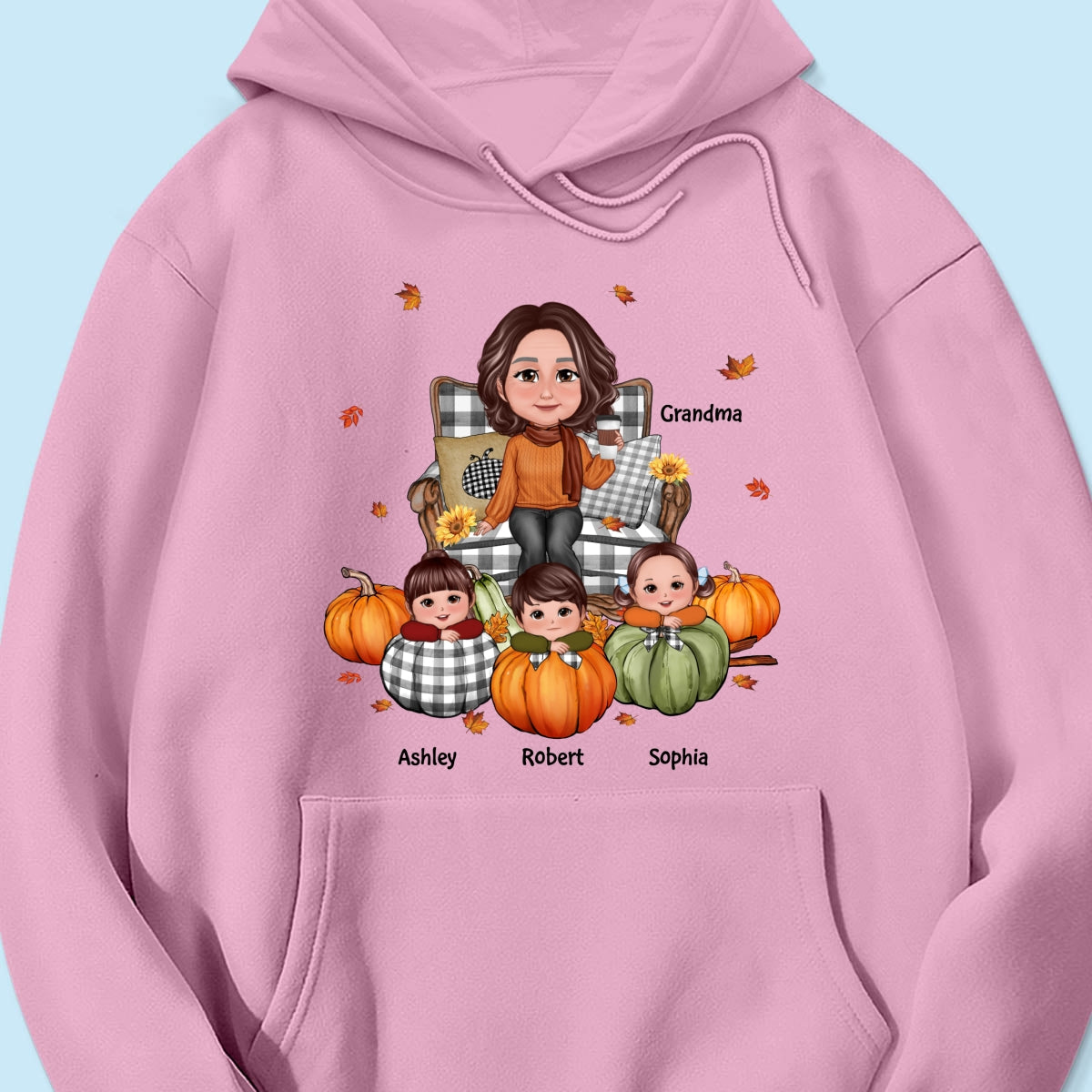 Grandma Sitting On Chair & Kids Pumpkin - Personalized Shirt