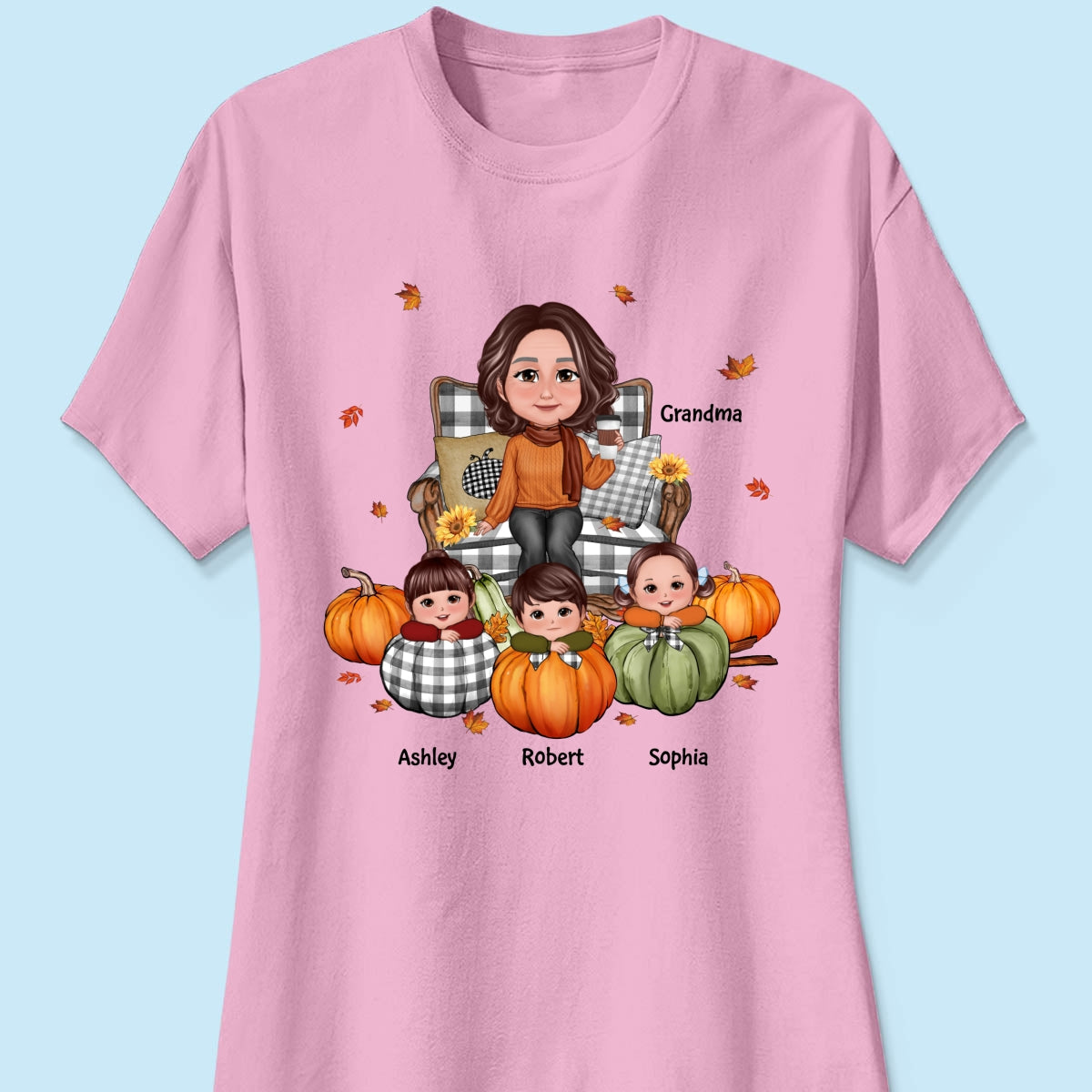 Grandma Sitting On Chair & Kids Pumpkin - Personalized Shirt