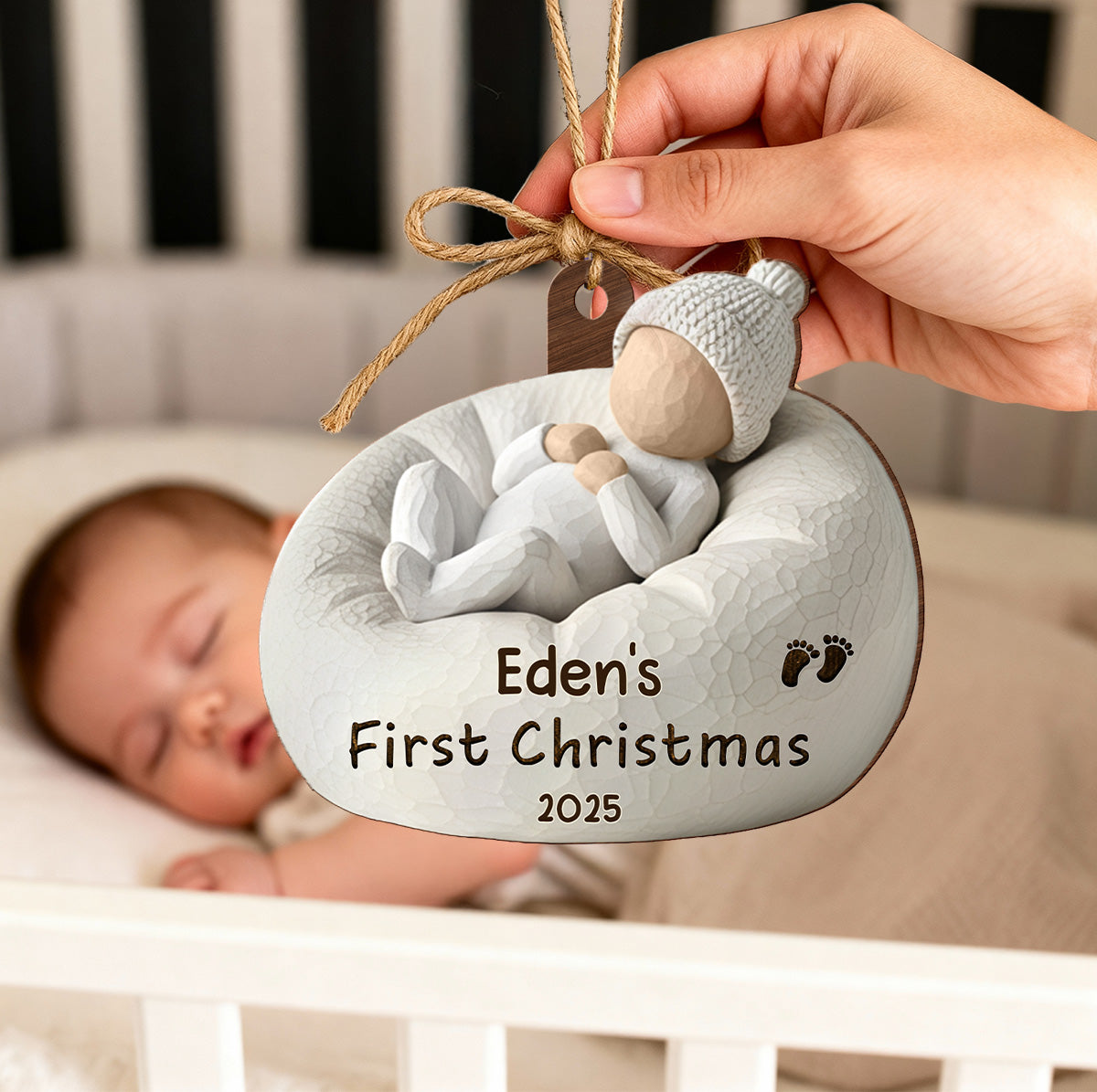 3D Effect Baby's First Christmas Baby On Beanbag Chair - Personalized Wooden Ornament