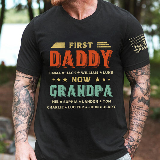Father's Day Gifts, First Dad Now Grandpa Custom Title & Kids Names - Personalized Shirt