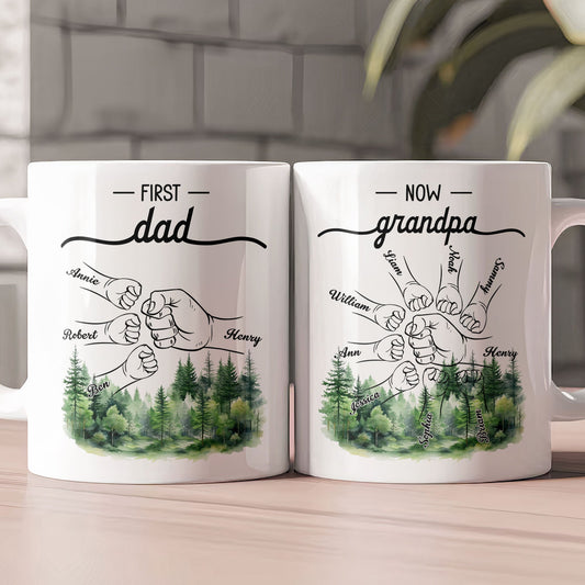 Father's Day Gifts, First Dad Now Grandpa - Fist Bumps With Kids' Names - Personalized Mug