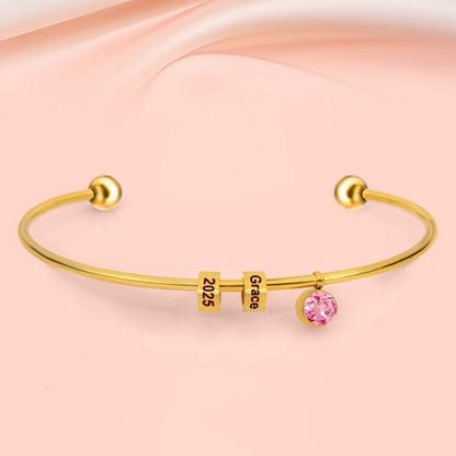 First Mother's Day Gift- Personalized Engravable Bead Name Cuff Bracelet With Birthstone