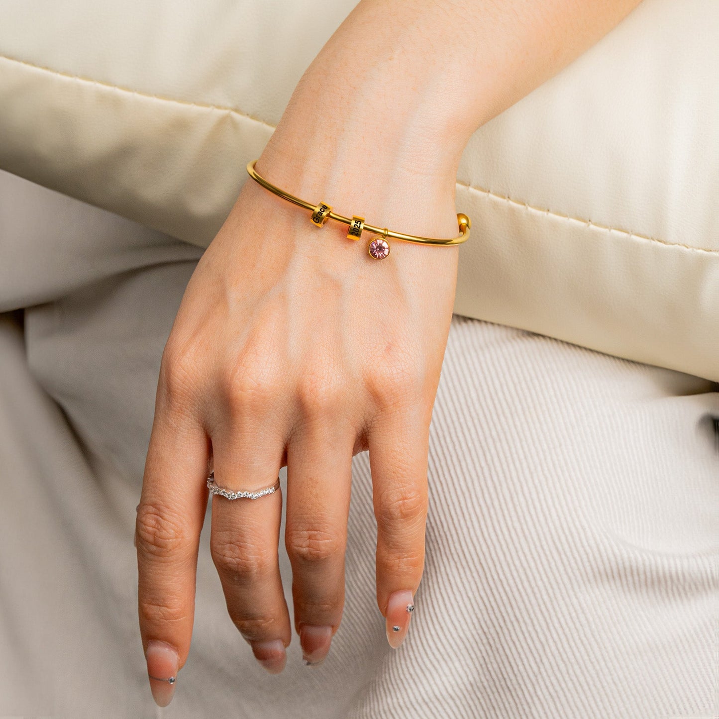 First Mother's Day Gift- Personalized Engravable Bead Name Cuff Bracelet With Birthstone