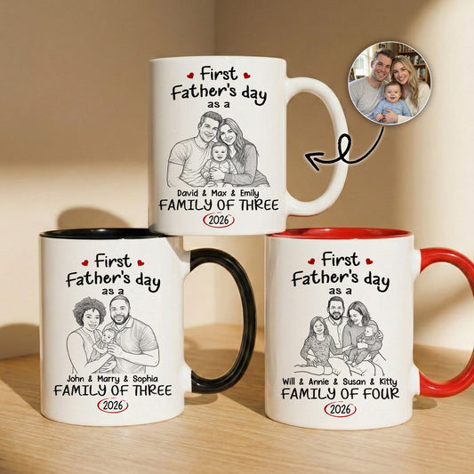 Father's Day Gifts, First Father's Day Gift Custom Photo Sketch Line Art - Personalized Mug