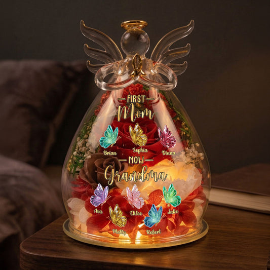 First Mom Now Grandma Gift For Mom, Grandma - Personalized Flower In Glass Angel Figurines