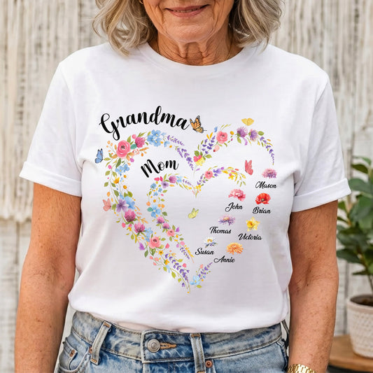 First Mom Now Grandma Heart Flower With Kids' Names & Birth Flower - Personalized Shirt