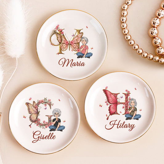 Floral Butterfly Monogram Letter Circle-shaped - Personalized Jewelry Dish