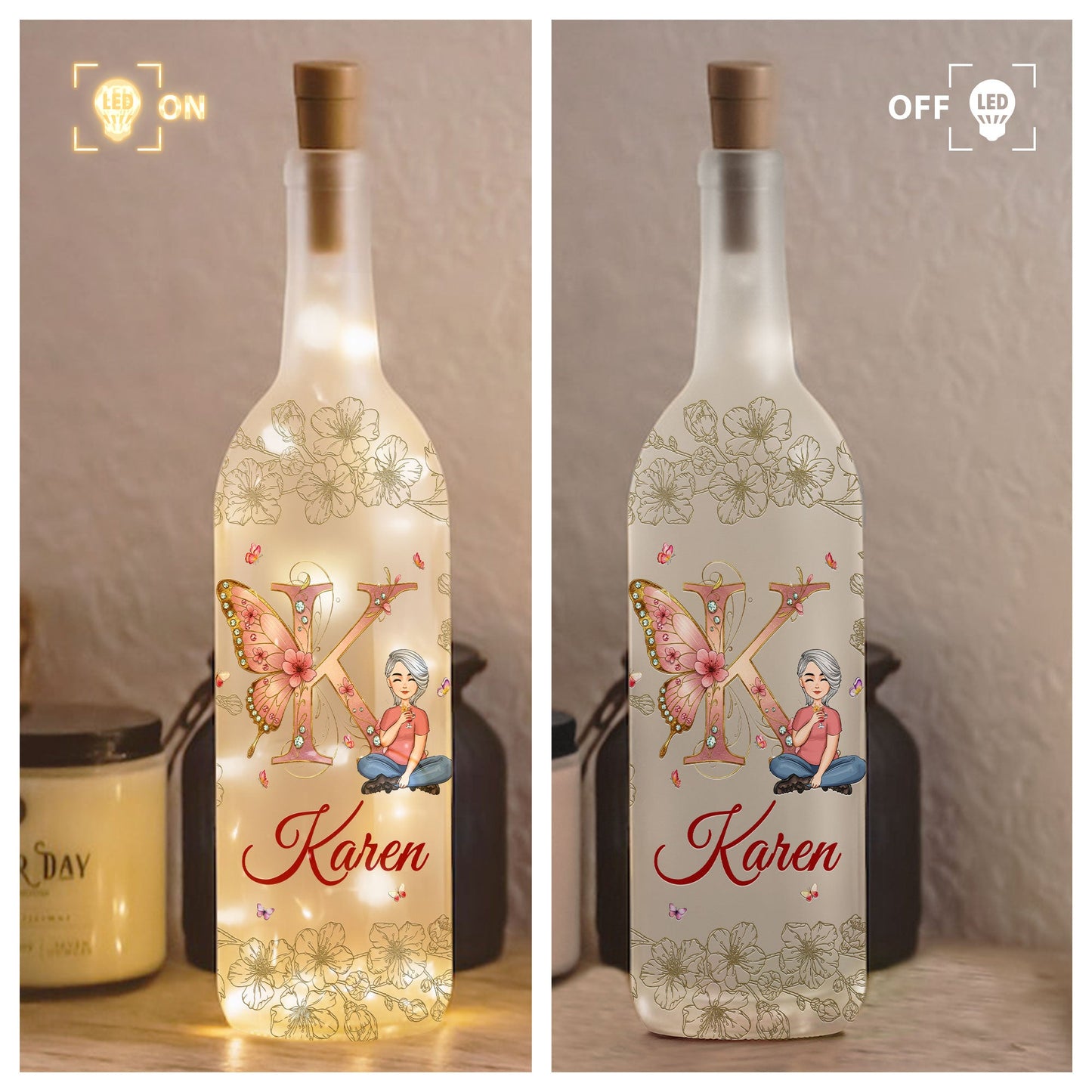 Floral Butterfly Monogram Letter - Personalized Bottle Lamp