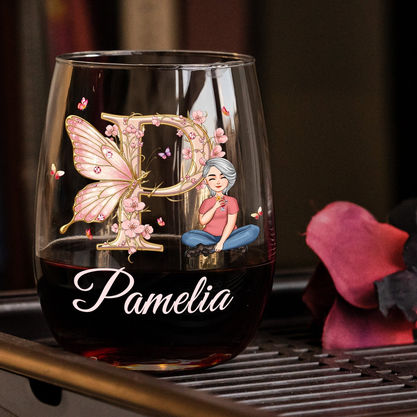 Floral Butterfly Monogram Letter Ver 2 - Personalized Stemless Wine Glass
