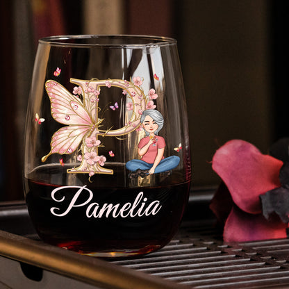 Floral Butterfly Monogram Letter Ver 2 - Personalized Stemless Wine Glass