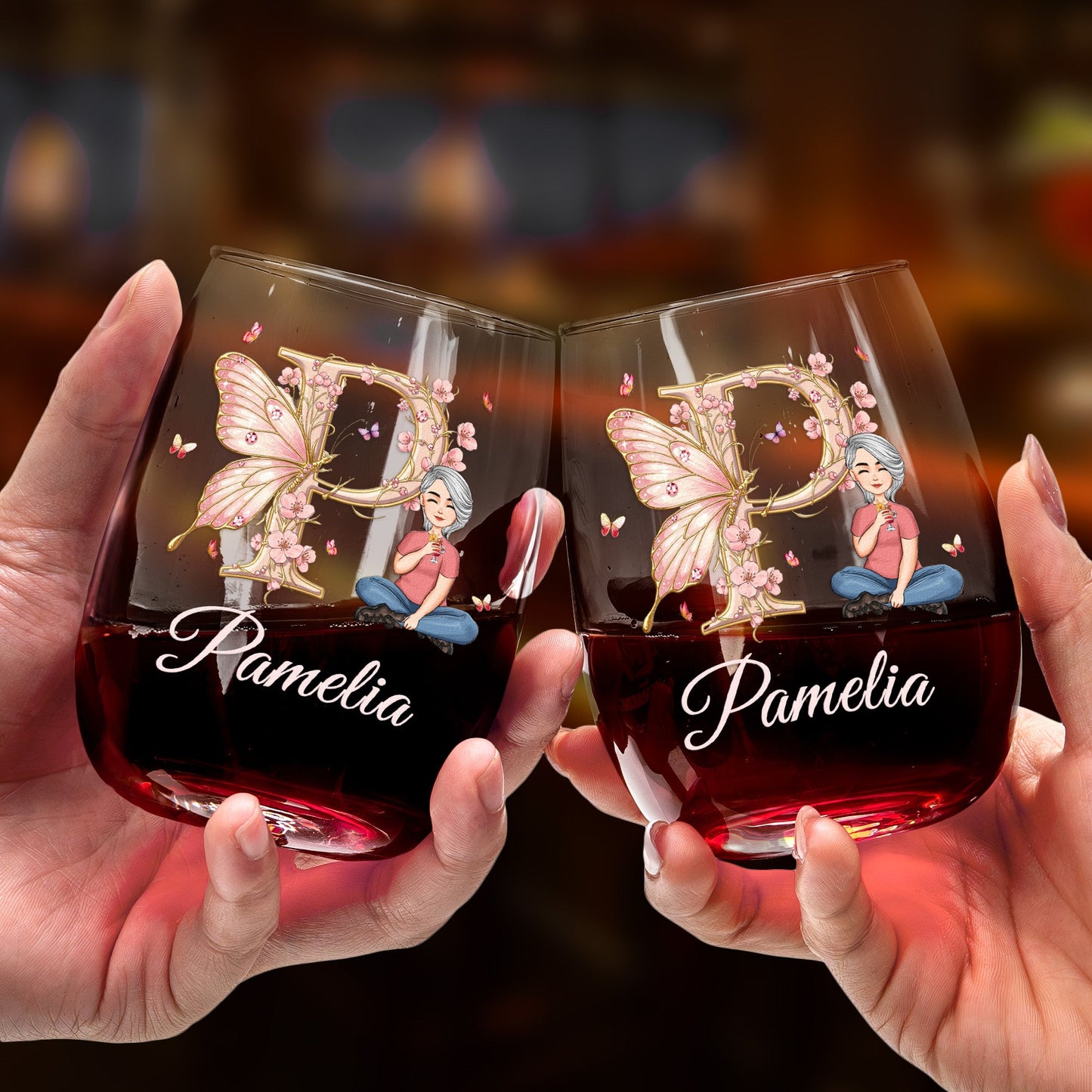 Floral Butterfly Monogram Letter Ver 2 - Personalized Stemless Wine Glass
