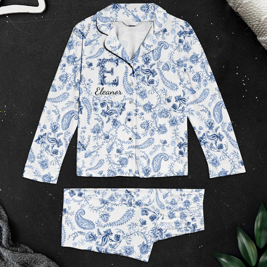 Floral Print Elegant Filigree Alphabet - Personalized Women's Pajamas Set
