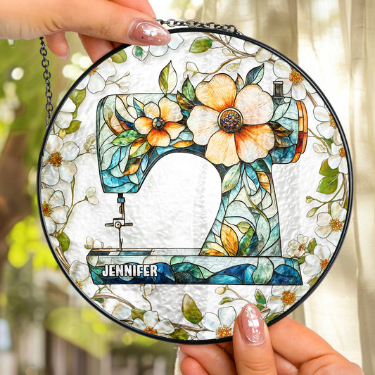 Floral Sewing Machine - Personalized Stained Glass Window Hanging Suncatcher