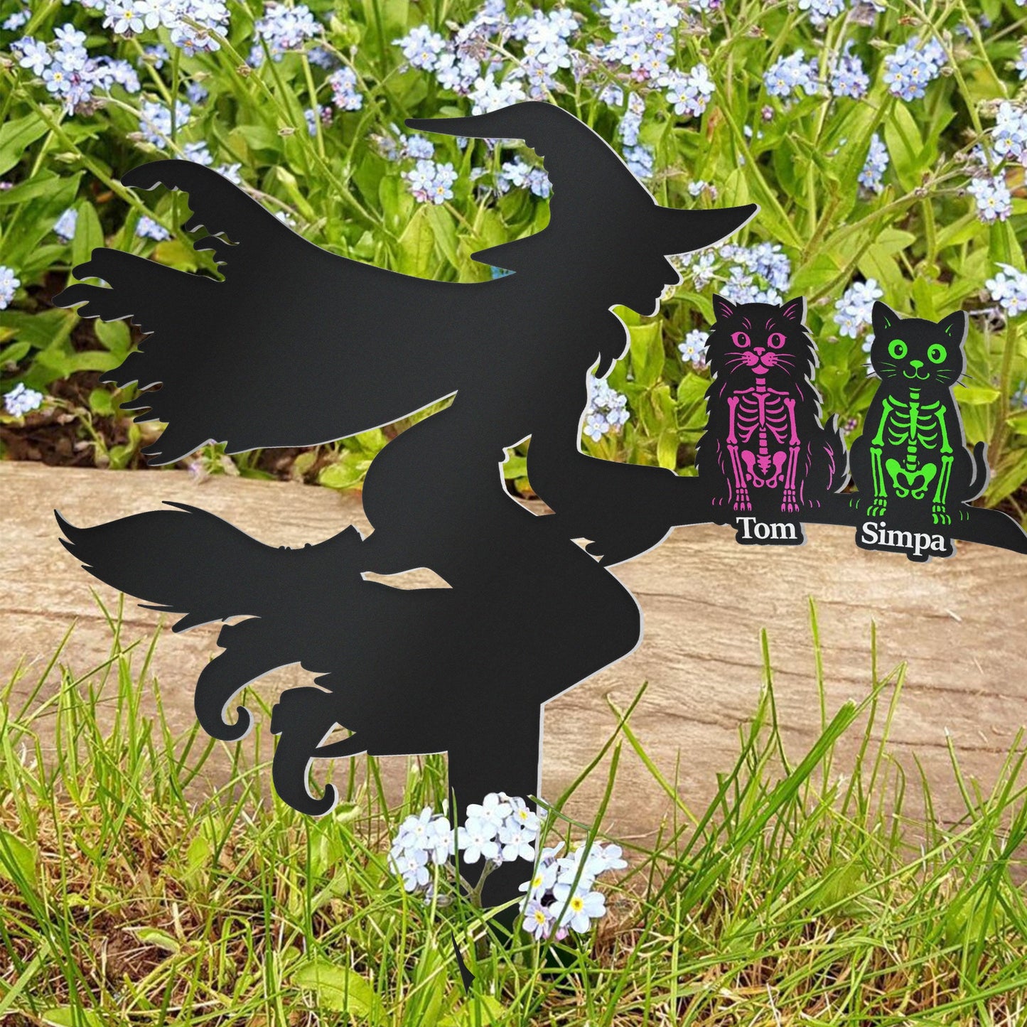 Flying Witch On Broom With Cat Skeleton Halloween - Personalized Metal Garden Stake