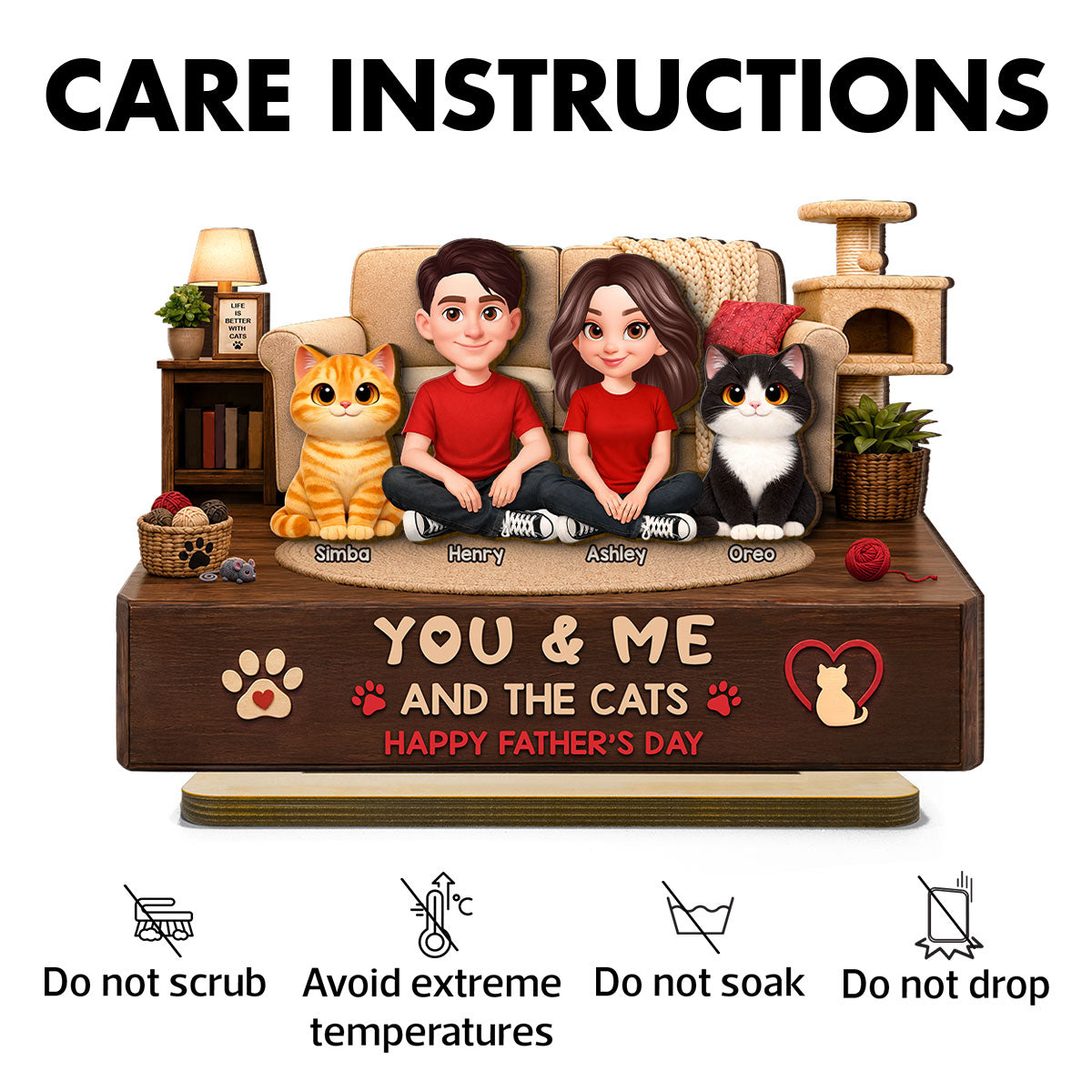 You & Me And The Cats Cozy Room 2D Flat - Personalized 2-Layered Wooden Plaque -  Gift For Cat Dad