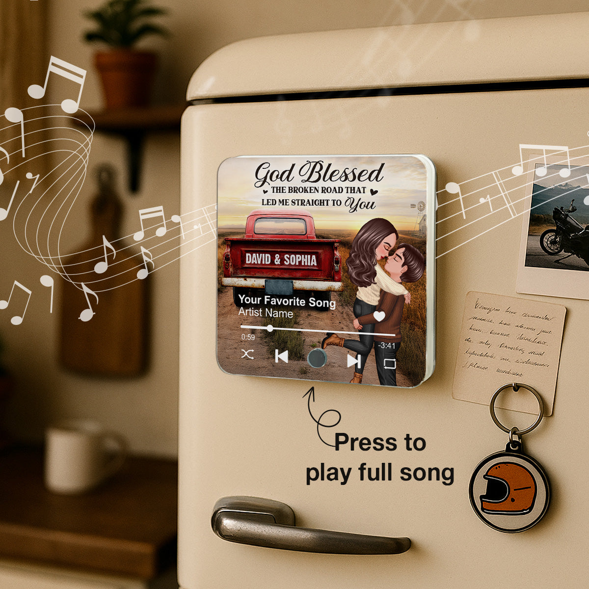 Rustic Nostalgia Red Truck Couple Hugging Kissing - Personalized Music Fridge Magnet - Heartfelt Valentine, Anniversary Gift For Him, For Her, Farmhouse Decor