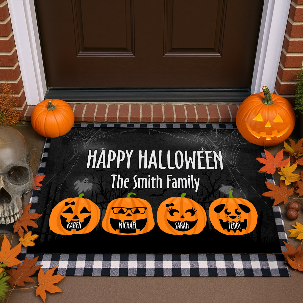 Happy Halloween Family Pumpkin Face Personalized Doormat