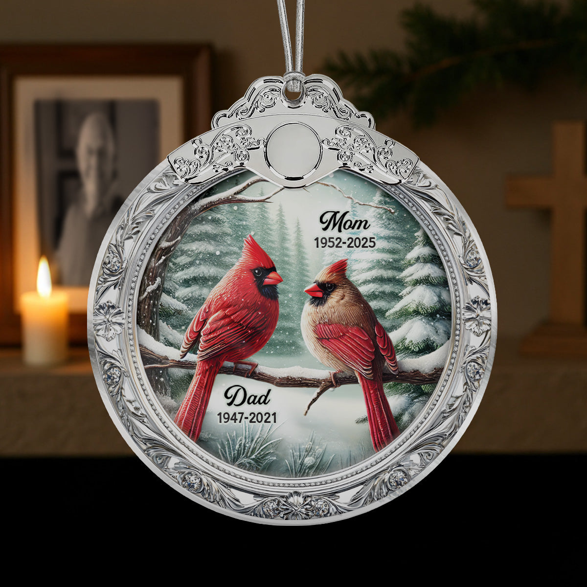 Winter Scene Memorial Cardinal 3D Effect - Personalized Glass Ornament With Silver Cap - Sympathy Gift Remembrance Keepsake