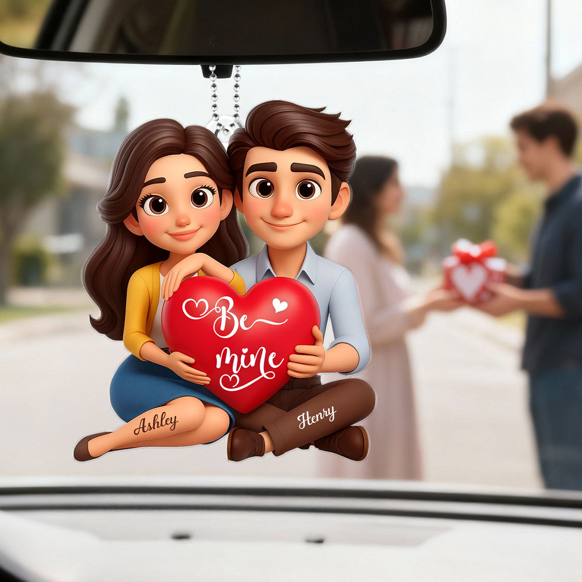 Eternal Love Cartoon Couple Sitting - Personalized Acrylic Car Hanger - Sentimental Gift for him, for her
