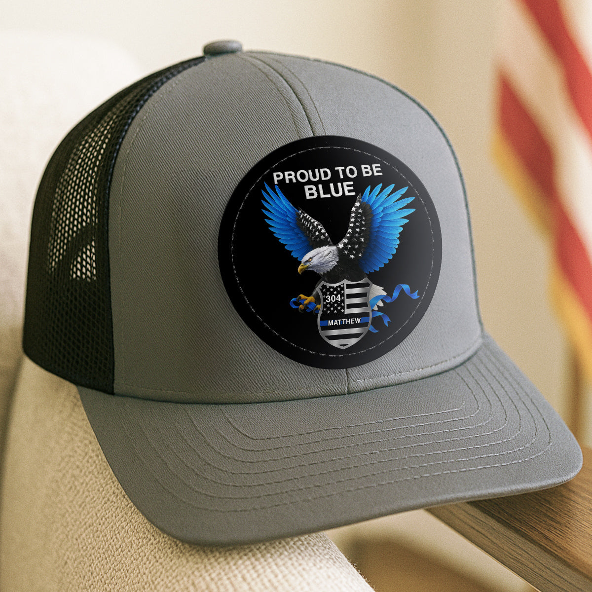 Proud To Be Blue Gift For Police Dad Grandpa Personalized Leather Patch Hat