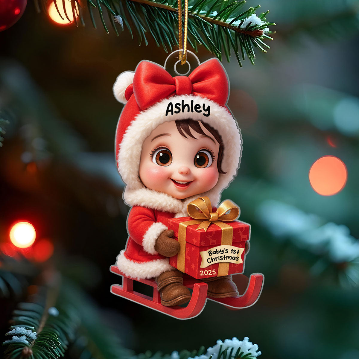 Baby Festive Cheer on a Sled Personalized Acrylic Christmas Ornament, 2025 Keepsake for Newborn