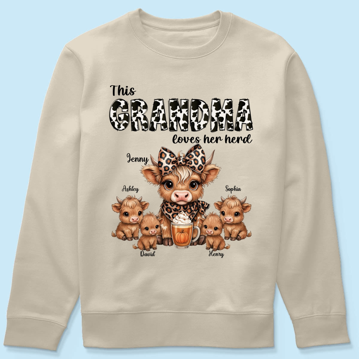This Mama Grandma Loves Her Herds – Cozy Fall Vibe Personalized Highland Cow Family Sweatshirt