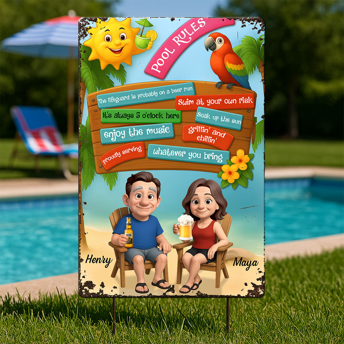 Pool Rules Couple Summer 3D Effect Personalized Metal Sign