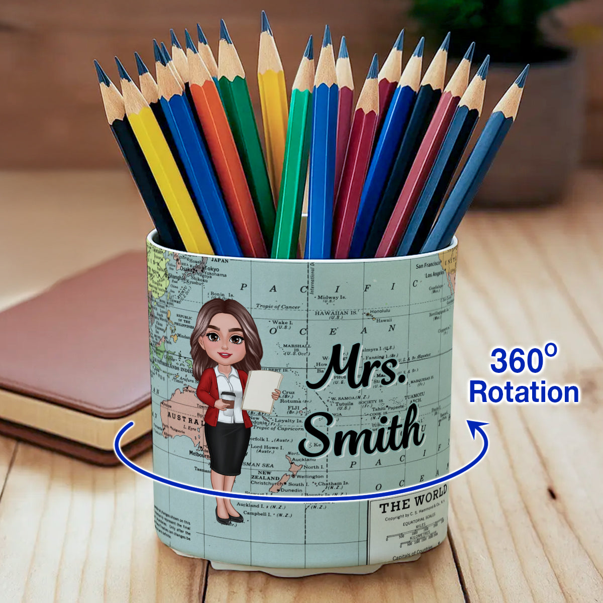 World Map Adventure Themed Doll Teacher Personalized Rotating Pen Holder