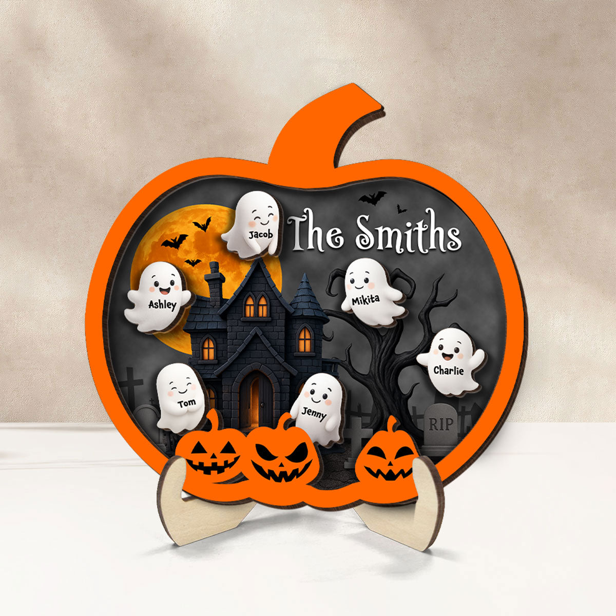 3D Effect Ghost Friends, Ghost Family Inside Pumpkin Personalized 2-Layer Wooden Plaque, Halloween Decoration