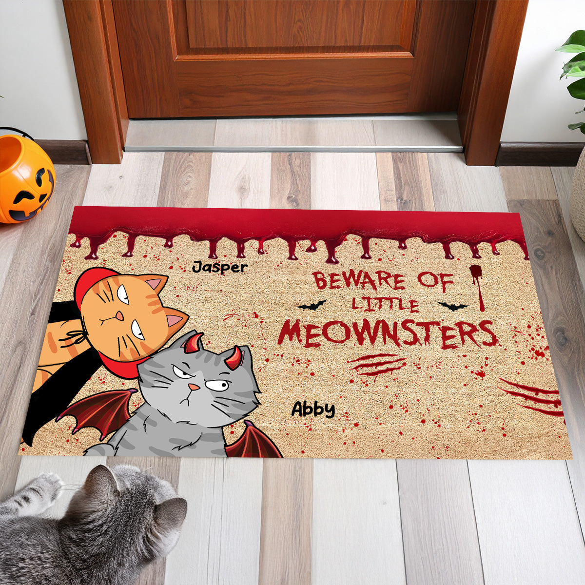 Halloween Beware Of Little Monsters Cats Personalized Doormat