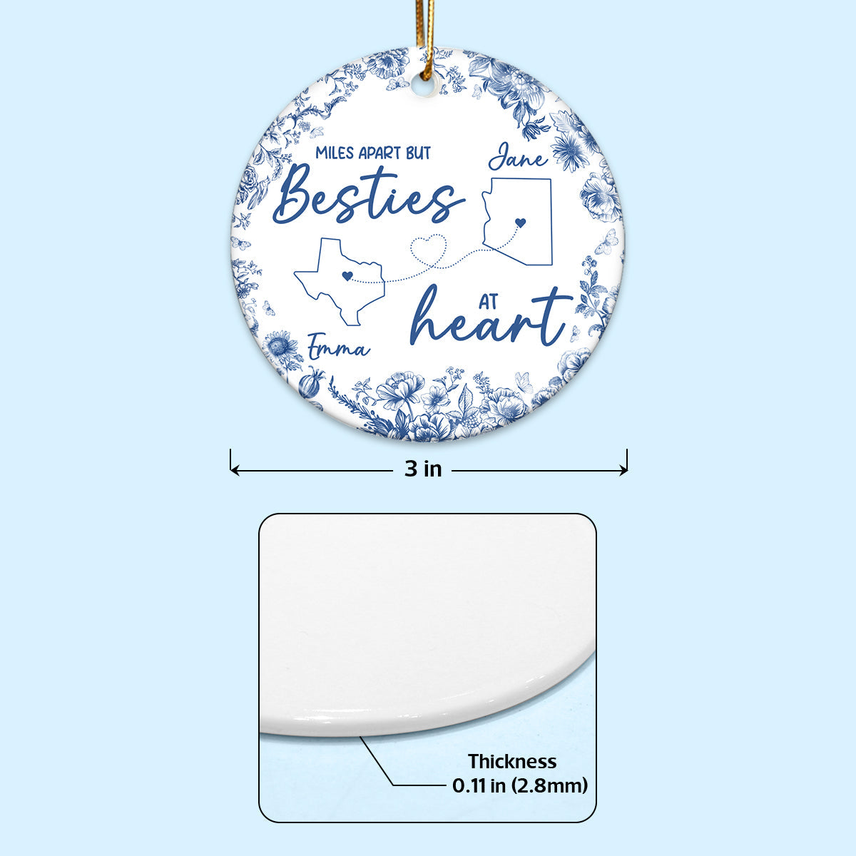 Chinoiserie Pattern Long Distance Besties Personalized Ceramic Ornament