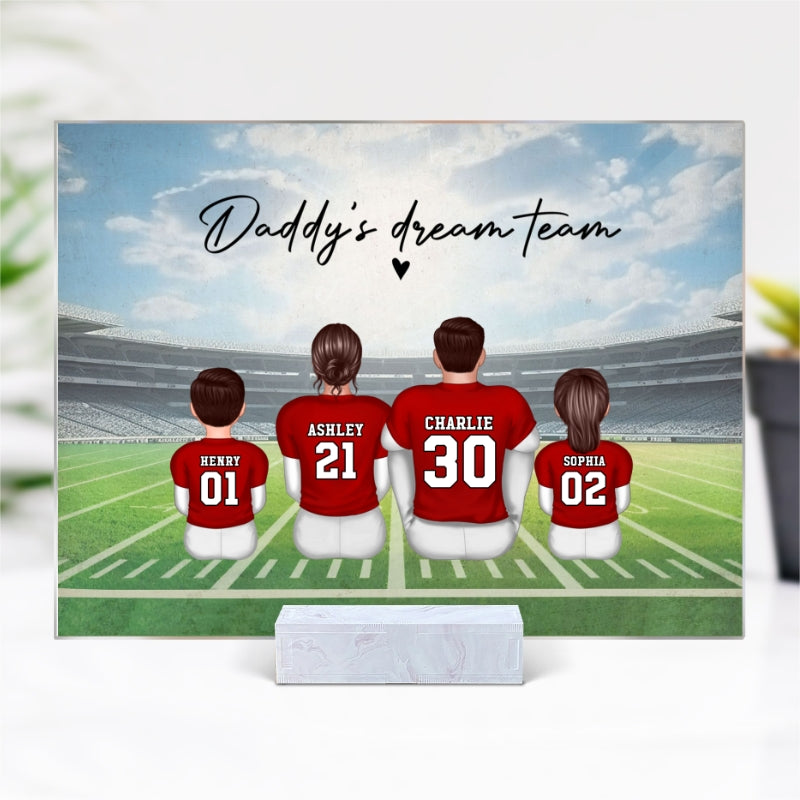 Daddy's Team Football Family Sitting Personalized Acrylic Plaque, Gift For Dad, Grandpa, Husband