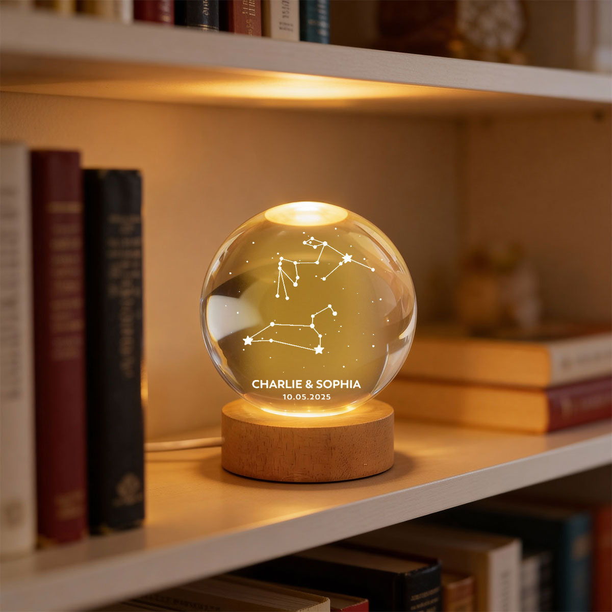 Couple Zodiac Constellation Astrology Star Sign Art - Personalized Crystal Ball LED Night Light - Gift For Couple