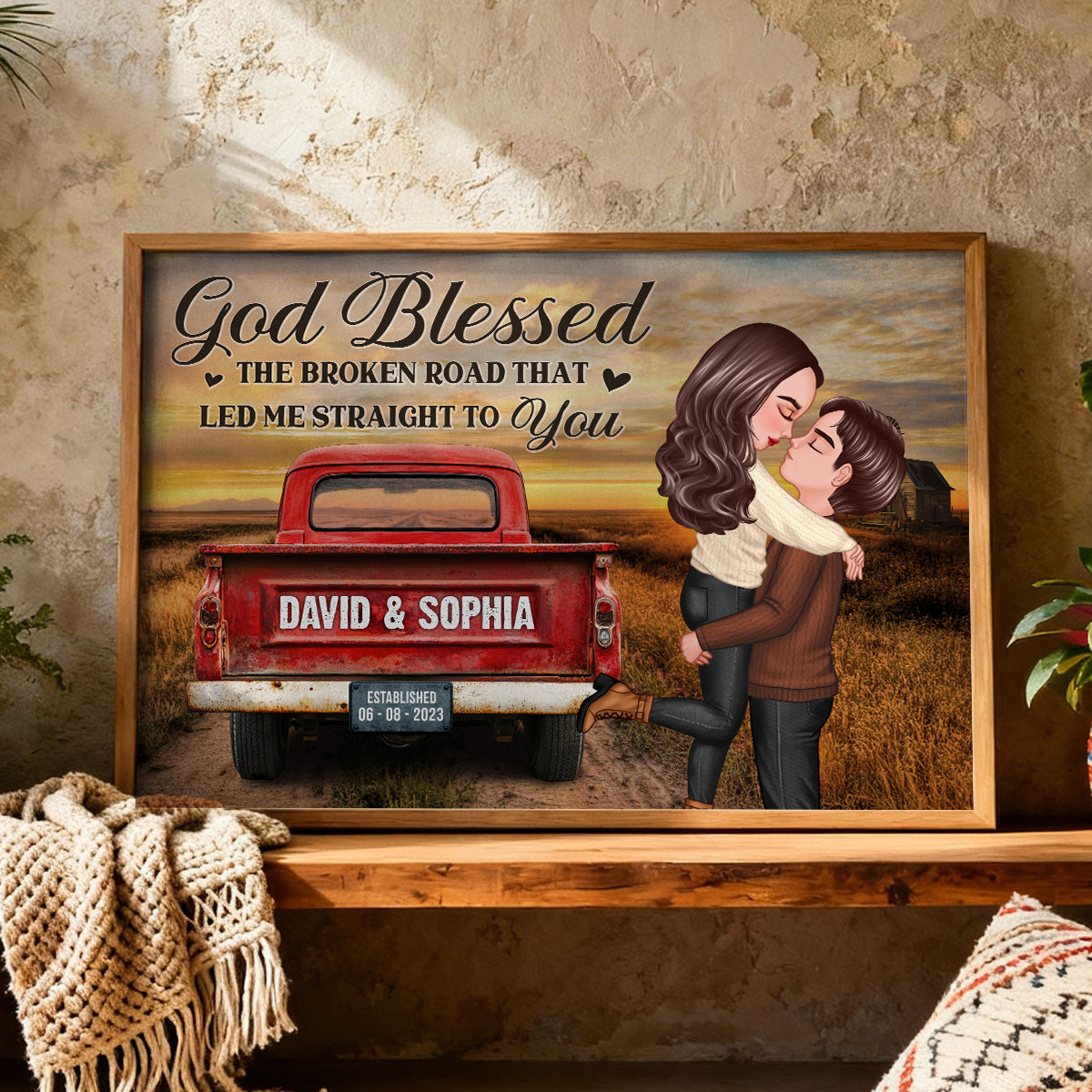 Rustic Nostalgia Red Truck Couple Hugging Kissing - Personalized Poster - Heartfelt Valentine, Anniversary Gift For Him, For Her, Farmhouse Decor