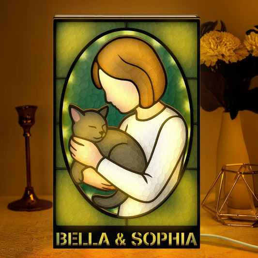 Girl And Her Cat - Personalized LED Night Lamp