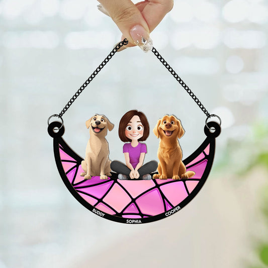 Girl And Her Dogs - Personalized Window Hanging Suncatcher Ornament - Gift For Daughter